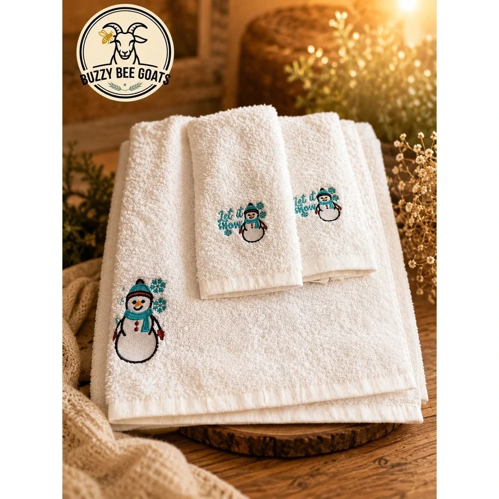 SNOWMAN EMBROIDERED BATH TOWEL SET 3 PIECE CHRISTMAS HOLIDAY BATHROOM